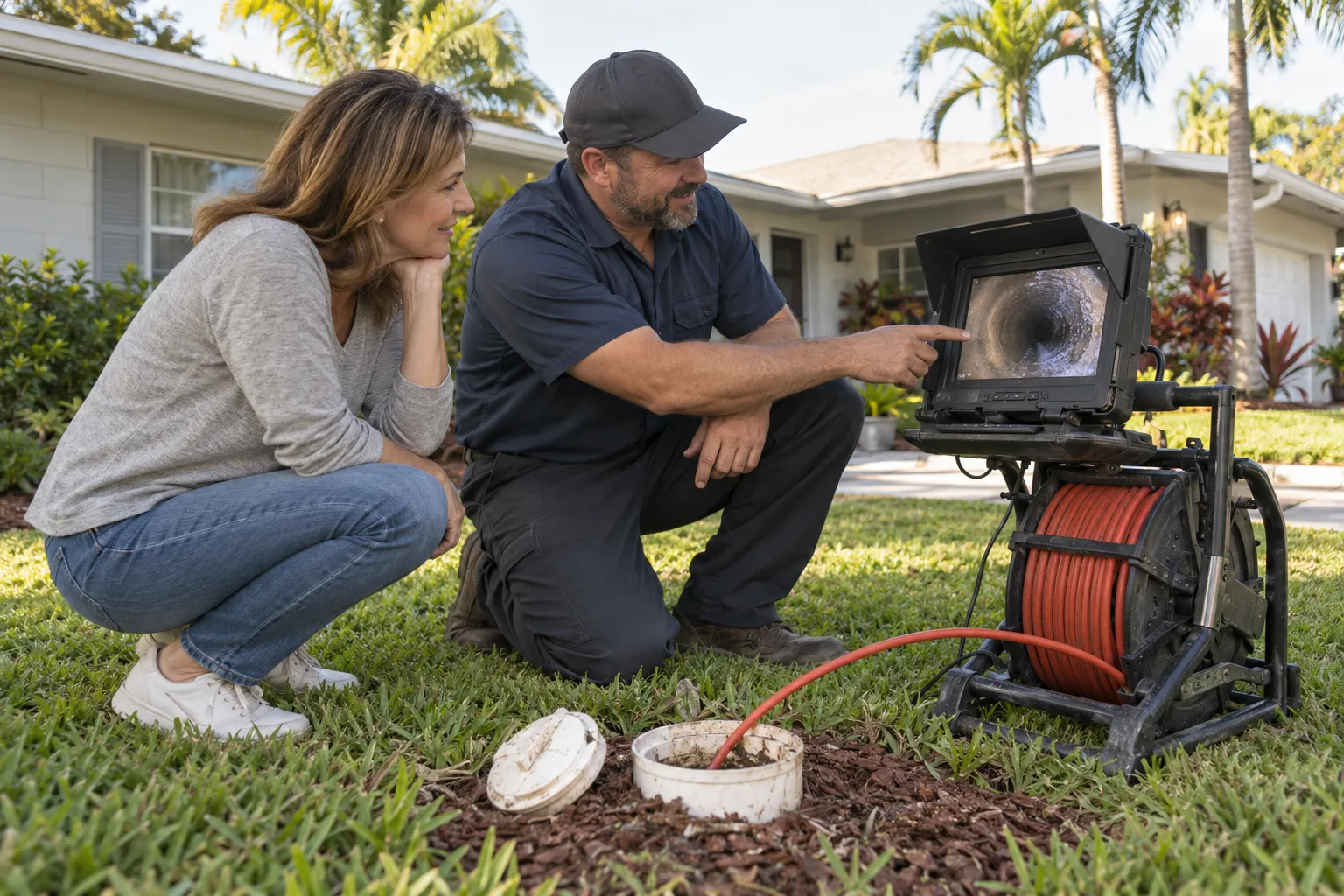Friendly local plumbing provider reviewing a sewer camera inspection with a homeowner in a yard in Tarpon Springs